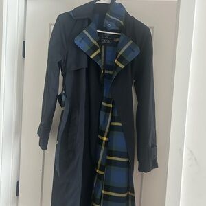 Navy Blue Plaid Lined Women's Trench Coat